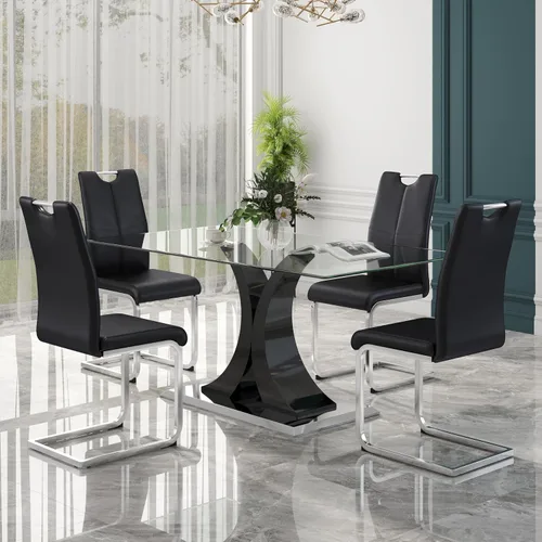 Vista 9 de Juego de comedor moderno de vidrio de lujo de 5 piezas, juego de cena rectangular minimalista grande para 4, juego de mesa de cocina de vidrio