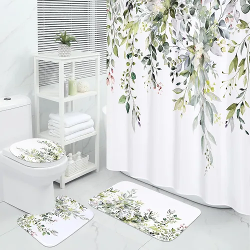 Vista 8 de MitoVilla Juego de 4 piezas de hojas de plantas marrones con cortina de ducha y alfombras, juegos de cortinas de ducha florales rústicas