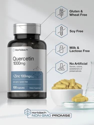 Vista 5 de Horbäach Quercetina 1000mg 100 Cápsulas con 100 mg de Zinc Fórmula de alta potencia Suplemento sin OMG, sin gluten