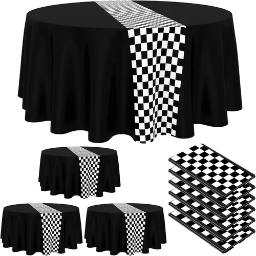 Vista 9 de Oudain 3 piezas de suministros para fiesta de cumpleaños de autos, decoraciones para fiestas de carreras, mantel redondo de carreras con bandera a