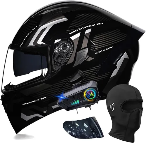 Vista 9 de Cascos modulares de motocicleta con Bluetooth, aprobados por DOT, casco de motocicleta de cara completa abatible con doble visera, con altavoces