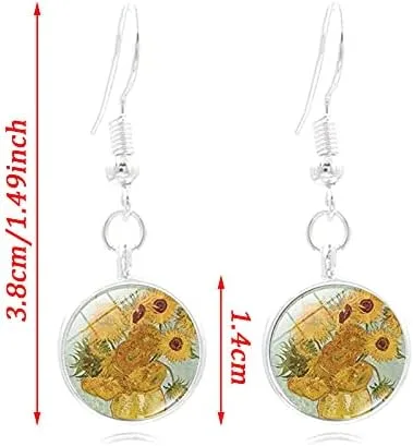 Vista 5 de COLORFUL BLING Van Gogh - Juego de aretes con dije de girasol y cielo nocturno estrellado con diseño de girasol, pintura artística, aretes colgantes