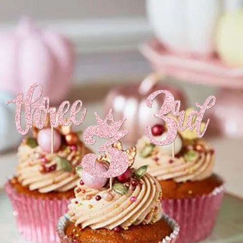 Vista 7 de Paquete de 24 adornos para cupcakes con purpurina para tercer cumpleaños, corona, decoración de pastel para tercer baby shower, aniversario, Rosa