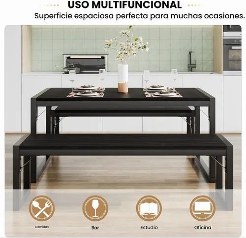 Vista 3 de SHA CERLIN Juego de mesa de comedor de cocina para 4 personas con bancos, comedor rústico pequeño que ahorra espacio, marco de metal resistente