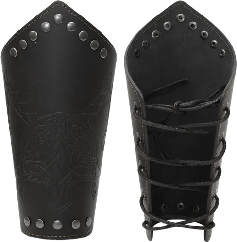 Vista 2 de Jeilwiy Brazaletes vikingos medievales de cuero, brazaletes de armadura de brazo, brazalete de cuero, guantelete punk para hombres y mujeres