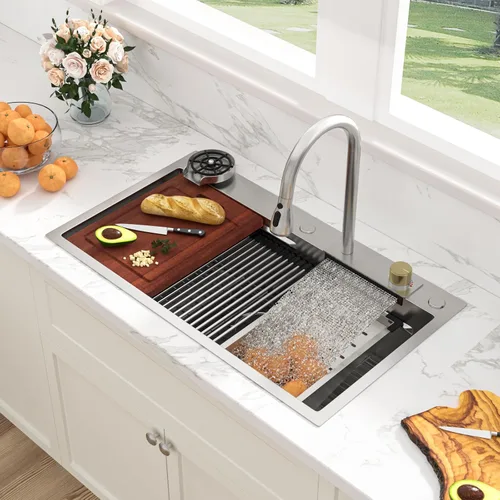 Vista 20 de Sarlai - Fregadero de cocina de cascada de 31 pulgadas, de montaje superior - 31x20 Fregadero de cocina con borde y estación de trabajo, de acero