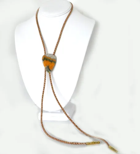 Vista 2 de Man's Triangular Bumble Bee Jasper Bolo Tie with Gold Metallic Cord and Gold-Plated Swirl Tips