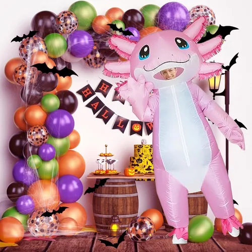 Vista 4 de Weduspaty Disfraz inflable para adultos, disfraz de ajolote de 7 pies, disfraz de Halloween, disfraz inflable rosa para hombres y mujeres, disfraces