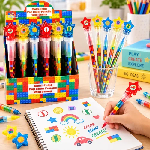 Vista 2 de TINYMILLS 24 piezas de bloques de color ladrillo 2 en 1 apilables crayón apilable con tapa de sello extra, recuerdos de fiesta para niños, rellenos