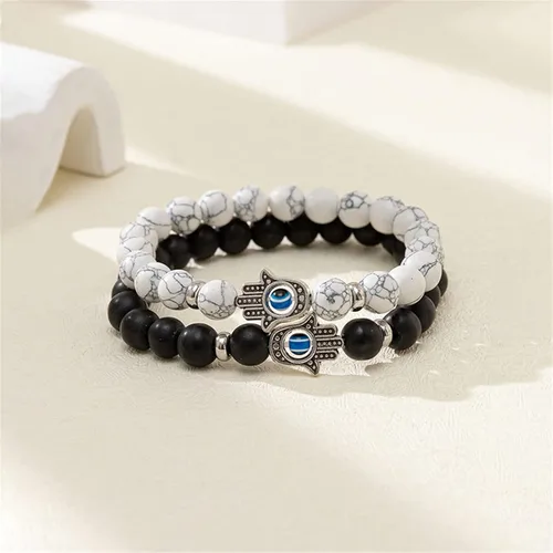 Vista 2 de 2-3 pulseras elásticas con cuentas de Hamsa de ojo turco de la suerte azul turco con cuentas Hamsa de Fátima con 7 chakras de piedra de lava