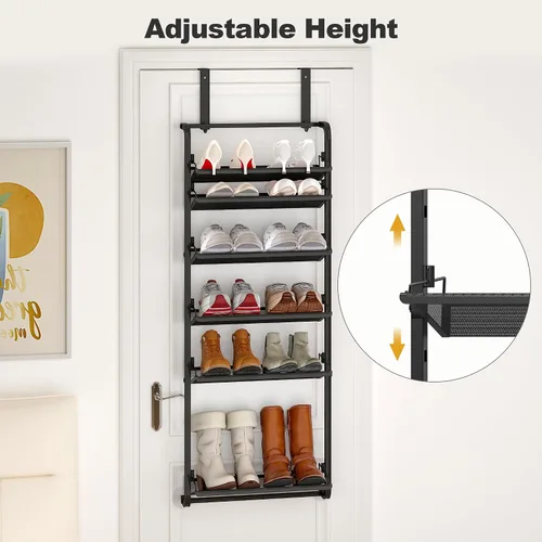 Vista 4 de bukfen Organizador de Zapatos sobre la puerta, zapatero ajustable de 6 niveles montado en la puerta o en la pared, almacenamiento de metal