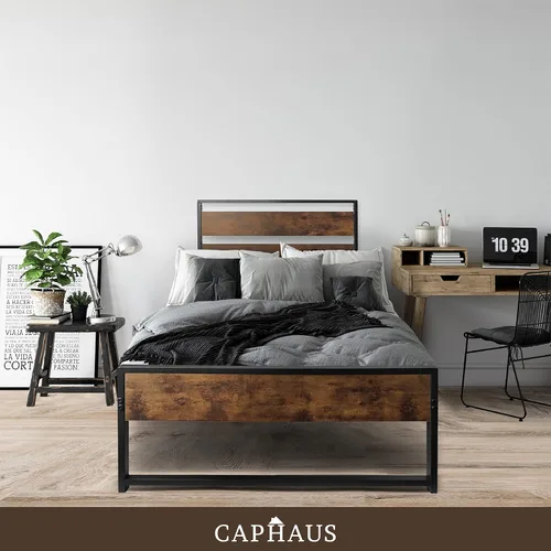 Vista 6 de CAPHAUS Base de cama de metal con cabecera y estribo de madera, plataforma de metal con marco de acero de primera calidad, base de colchón, sin