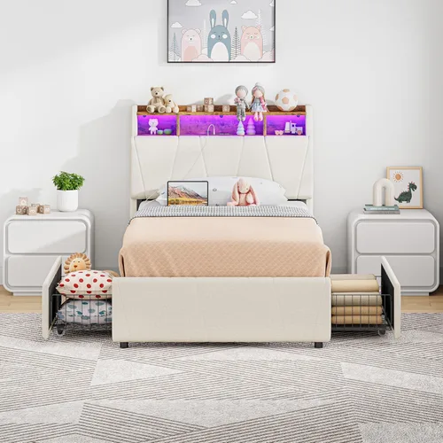 Vista 3 de LIKIMIO Marco de cama individual con 2 cajones de almacenamiento, estación de carga y luces LED, cama plataforma individual tapizada con cabecera