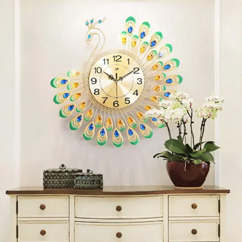 Vista 3 de Reloj de pared, reloj de pared moderno de hierro, grande, 3D, forma de pavo real, sin tictac, reloj silencioso para decoración de sala de estar