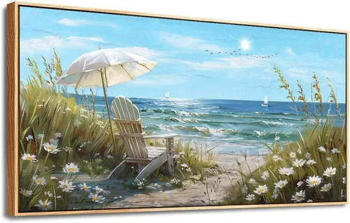Vista 2 de ERQINHUA Gran decoración de pared para sala de estar, arte de pared en lienzo para restaurante, decoraciones para oficina, pinturas de mar azul
