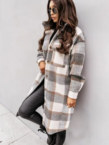 Vista 4 de Yousify Chaqueta larga con solapa a cuadros para mujer cepillada con botones y bolsillos