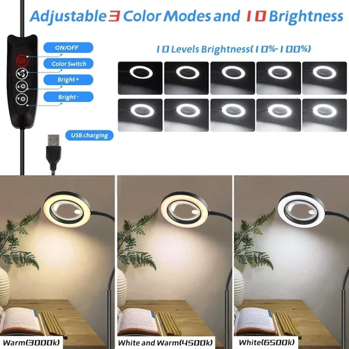 Vista 4 de Lupa de 10X con luz de tres colores de temperatura LED de altura ajustable luces de piso adecuadas para leer, artesanías y comerciantes de joyas