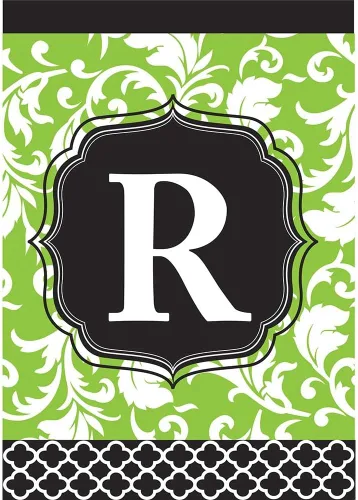 Vista 8 de Monogram E - Bandera de jardín rectangular con doble aplique de filigrana verde y negro, de 18 x 13 pulgadas Filigrana Verde E