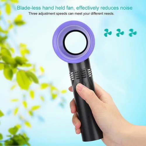 Vista 4 de Mini ventilador de mano sin aspas, mini ventilador de escritorio USB portátil, 3 velocidades, funciona con batería recargable por USB, reduce