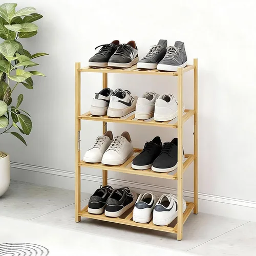 Vista 9 de Zapatero pequeño, organizador multiusos de 2 niveles, estantes pequeños de bambú para zapatos, plantas, libros, sala de estar, pasillo, dormitorio