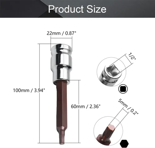 Vista 42 de Utoolmart 1/2" Drive x 0.551 in largo Hex Bit Socket, métrico, S2 y Cr-V acero 1pcs