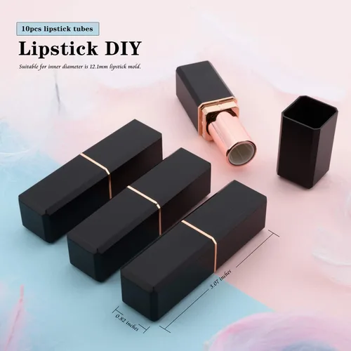 Vista 2 de Allwon 10 tubos de lápiz labial vacíos negros DIY contenedor de bálsamo labial (tubo cuadrado), Negro -, Tubo cuadrado