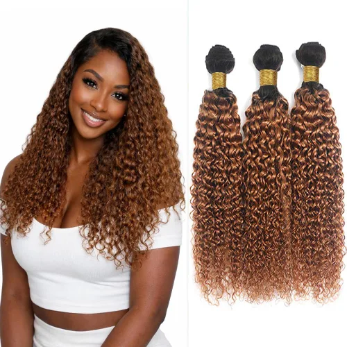 Vista 301 de P4613 Cabello humano rizado onda profunda marrón y paquetes mixtos 8 10 12 P4613 Ombre Marrón-Rubio-DP