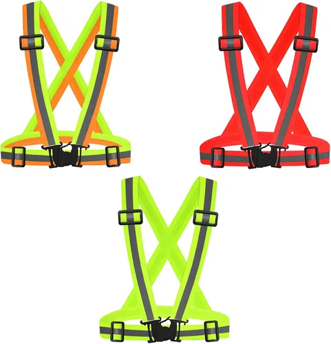 Vista 14 de Chaleco reflectante para correr, 3 piezas, correas elásticas ajustables, ligero, 360°, alta visibilidad para caminar al aire libre, trotar Color 1