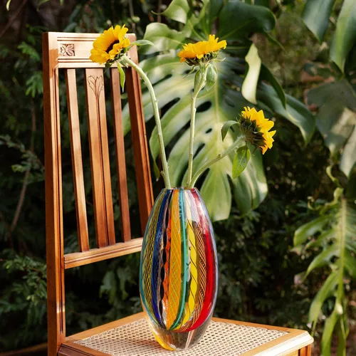 Vista 5 de Ca D Oro - Jarrón de cristal Boho con bastones de colores soplado a mano estilo Murano Art Glass - Modelo 208 MS Large Vase by Seguso, Decorative