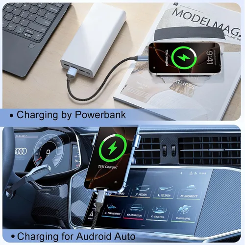 Vista 2 de Cable USB C de 6 pulgadas de carga rápida de 60 W, paquete de 2 cables cortos USB-A a USB-C, cable trenzado USB a USBC de Apple de 0.5 pies, cable