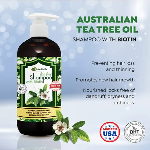 Vista 6 de Champú de aceite de árbol de té con biotina (16.9 onzas líquidas) Fórmula profesional para caspa, picazón y cuero cabelludo seco Hidratante