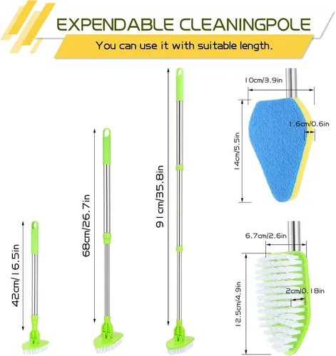 Vista 2 de Cepillo de limpieza con mango largo, 2 en 1, extensible, para baño, con 2 cerdas rígidas y 4 esponjas con mango largo, limpiador ligero desmontable
