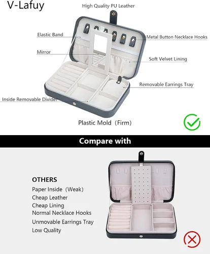 Vista 3 de V-LAFUY Caja de Joyería de Viaje para Mujeres, Organizador de Joyería de Viaje, Organizador de Joyería Pequeño Portátil de 2 Niveles para Aretes