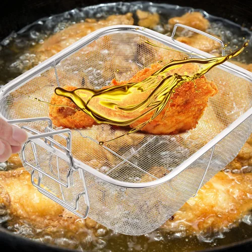 Vista 9 de Hemoton - Cesta cuadrada de acero inoxidable con asa de 15.27 x 9.44 x 4.33 pulgadas para papas fritas, drenaje de aceite, freidora de cocina, olla