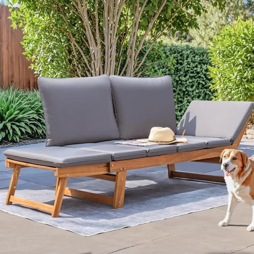 Vista 5 de Devoko Outdoor Couch Acacia Wood Outdoor Sofa Balcony Furniture (Grey)