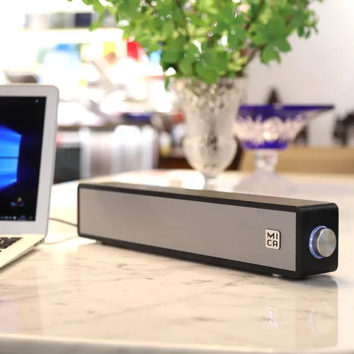 Vista 7 de MICA Altavoces de computadora, barra de sonido de computadora con cable, mini barra de sonido de madera, altavoces de PC alimentados por USB de Negro