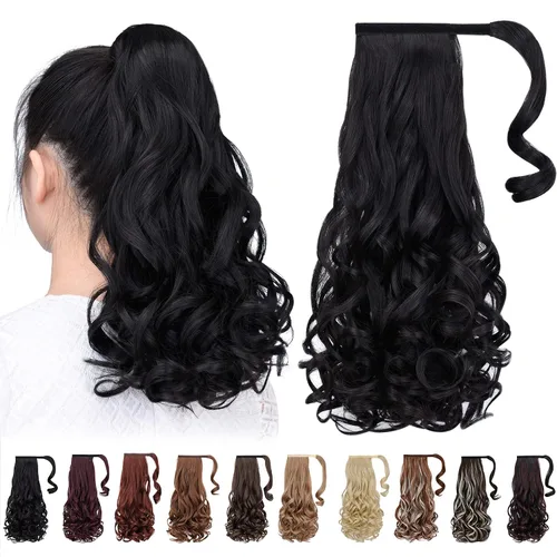 Vista 11 de Extensiones de cabello para cola de caballo, extensión de cola de caballo roja de 16 pulgadas, corta, ondulada, rizada, envolvente, cola de caballo