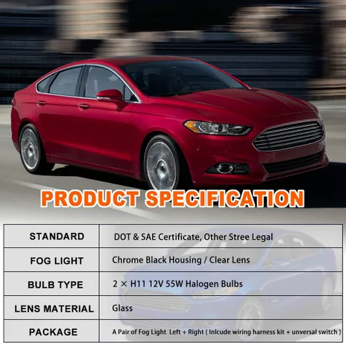 Vista 8 de Nixon Offroad Juego de luces antiniebla para Ford Fusion 2013-2016 con bombillas halógenas + kit de arnés de cableado + interruptor universal +