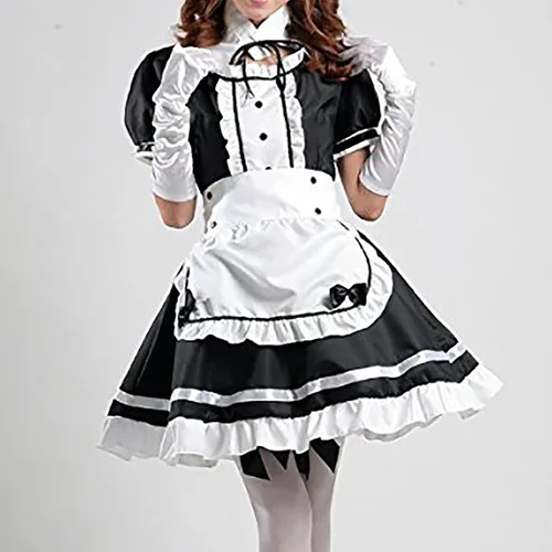 Vista 4 de Disfraz de sirvienta francesa de anime, disfraz de sirvienta, delantal, vestido de delantal, calcetines y guantes