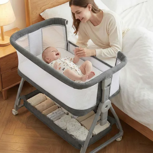 Vista 10 de Cuna de Bebé para Colocar al Lado de la Cama con Ruedas, Cuna Portátil 3-en-1 para Recién Nacido, Cuna de Dormir Lateral con Altura Ajustable