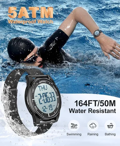 Vista 24 de Beeasy - Reloj digital de pulsera resistente al agua con cronómetro, alarma, cuenta regresiva, doble zona horaria, ultrafino, pantalla angular muy