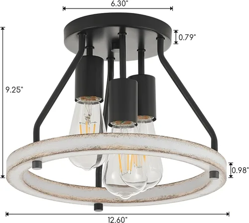 Vista 2 de Lámpara de techo de montaje empotrado rústica con pantalla circular de madera de roble blanco Mini lámparas semi empotradas de granja para pasillo