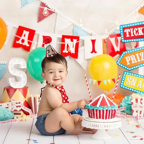 Vista 4 de YOUAME Sombrero de fiesta de primer cumpleaños de circo, traje de corona roja con purpurina para niños y niñas, divertida decoración de fiesta