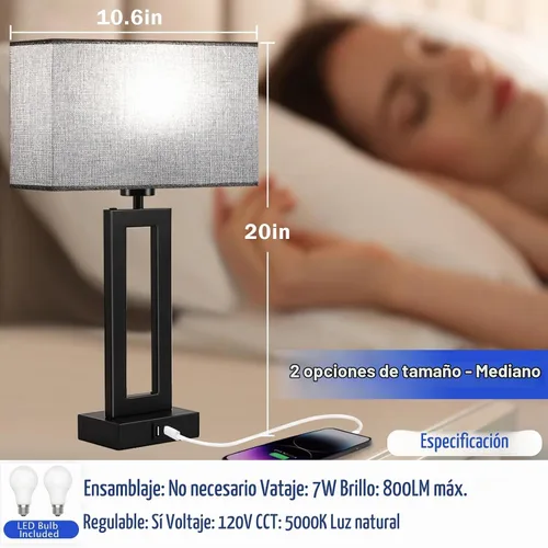 Vista 4 de Juego de 2 lámparas modernas para mesita de noche, con control táctil, USB C y A, regulables de 3 vías para dormitorios y sala de estar, gris y negro