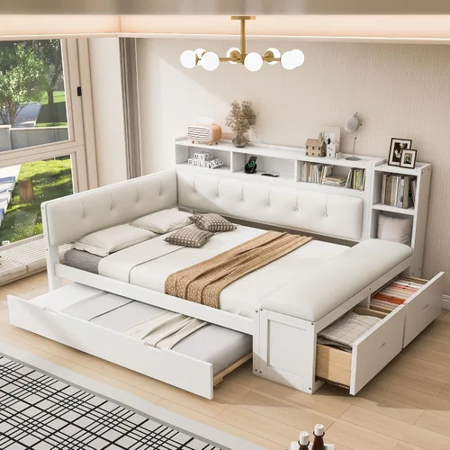 Vista 13 de Harper & Bright Designs Sofá cama de tamaño individual con cajones, sofá cama de madera para dormitorio, sala de estar, plataforma de madera