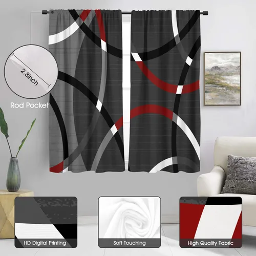 Vista 2 de zokyer Cortinas para ventana de color rojo, negro y gris, blanco, gris, geométrico moderno, para niños, hombres, adolescentes, arte abstracto