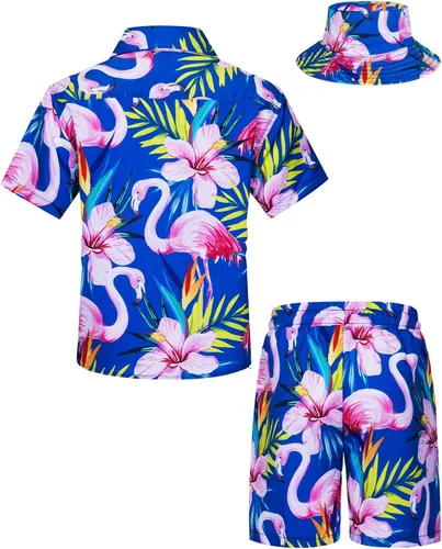 Vista 2 de TUNEVUSE Little & Big Boys - Conjunto de camisas hawaianas con botones y pantalones cortos con sombrero de pescador, trajes de verano estampados