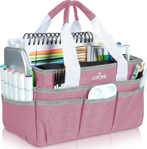 Vista 28 de JJRING Bolsa organizadora de manualidades, organizador de arte con múltiples bolsillos, bolsa de costura beige para arte, manualidades, álbumes