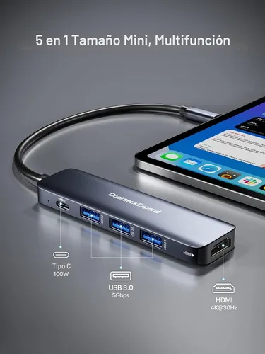 Vista 2 de Hub USB C, adaptador multipuerto USB-C DockteckExpand 5 en 1 con HDMI 4K, entrega de energía de 100 W, 3 puertos de datos USB 3.0 para MacBook