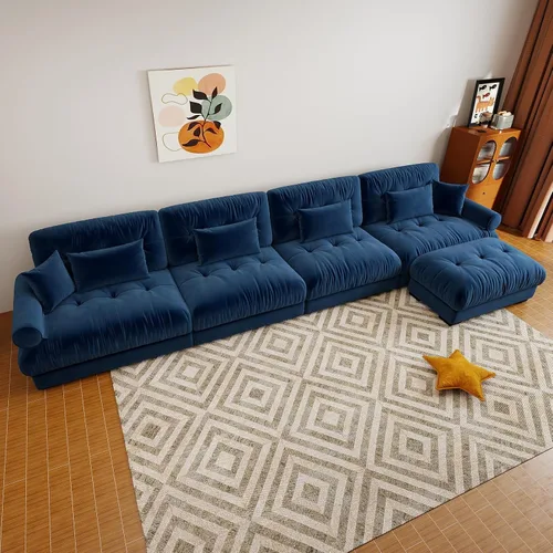 Vista 76 de Sofá modular de gran tamaño de 94 pulgadas, sofás seccionales grandes de color beige y blanco para sala de estar, juego de sofá de terciopelo, sofás